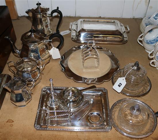 Collection of plated items, inc entree dish, breadboard and stand, tea service, butter & jam pots etc